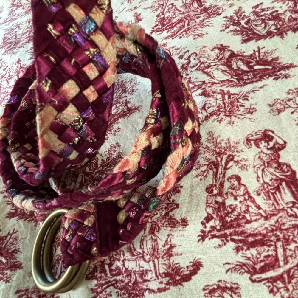 Large Upcycled Woven Boho Tapestry Textiles Belt, Dark Pinks, Double loop buckle
